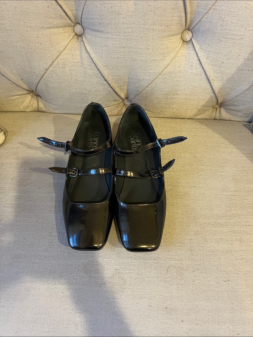 Franco Sarto Black Patent Double-Strap Square-Toe Mary Jane Flats